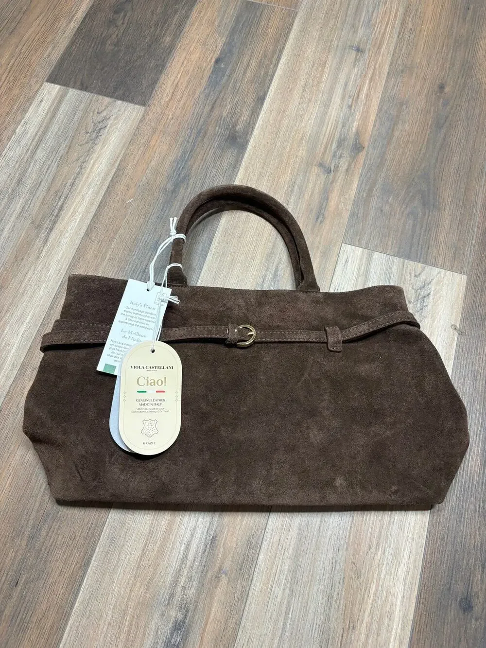 Viola Castellani Ciao Satchel Bag Brown Suede Genuine Leather Detachable Strap
